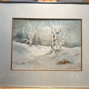 Original watercolor “Edge of Time” winter landscape with snow and cabin